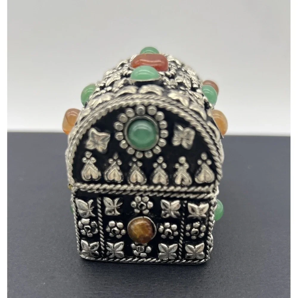 Small Metal and Semiprecious Stones Jewelled Pillbox Trinket Jewelry Box